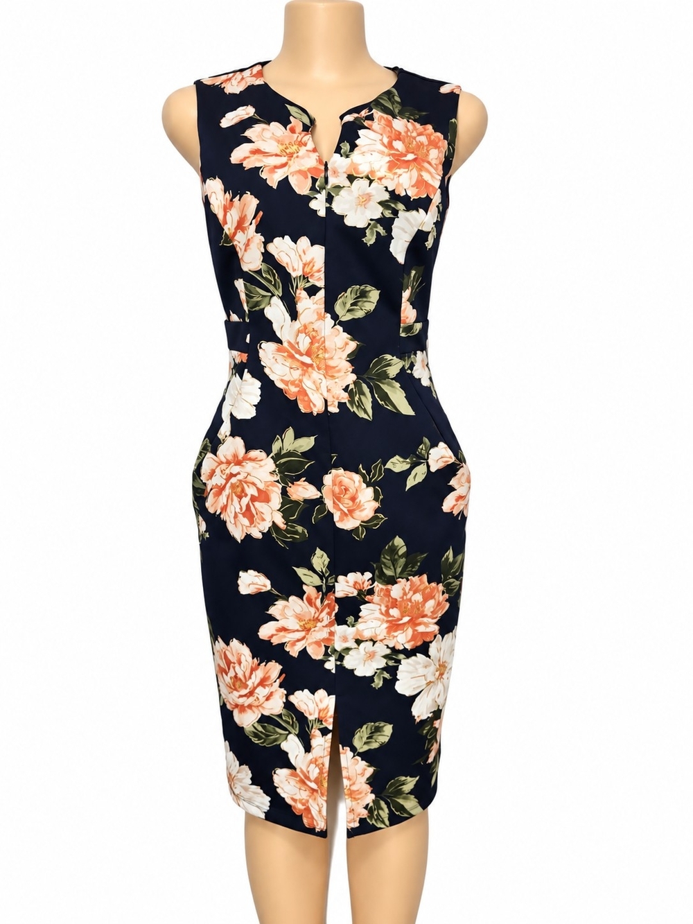 Enfocus Studio Navy Floral Sheath Dress with Peach Blooms